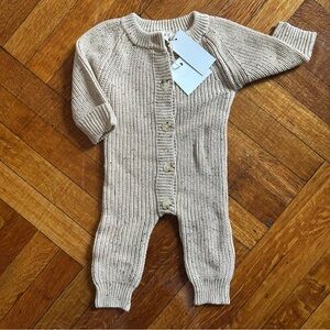 Cream Ribbed Knit Footies with Henley Placket